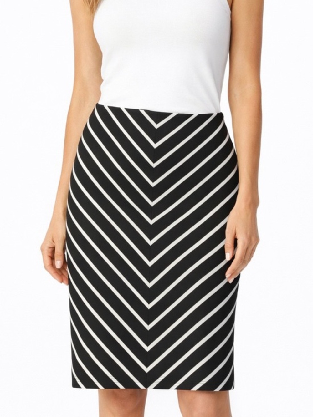 Grace Elements Black White Striped Pencil Skirt 10 Slimming Knee Length Stretch